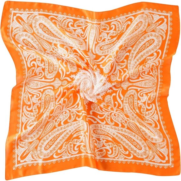 Women Orange Paisley Headscarf Satin Bandana Pattern Polyester Breathable Scarve - Picture 1 of 7